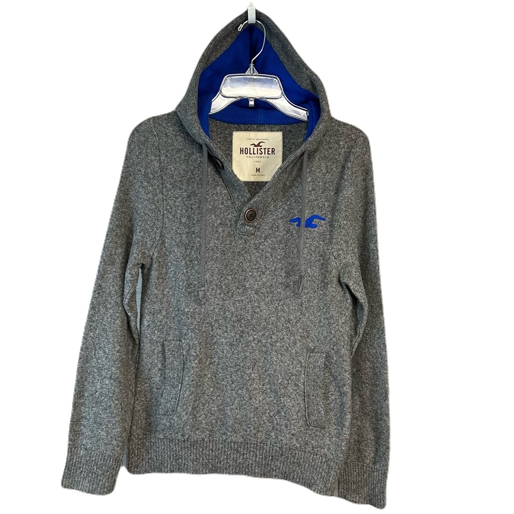 Vintage Hollister Mens Y2k Hoodie Sweater Size M Pockets 2 Button‎ Gray Preppy